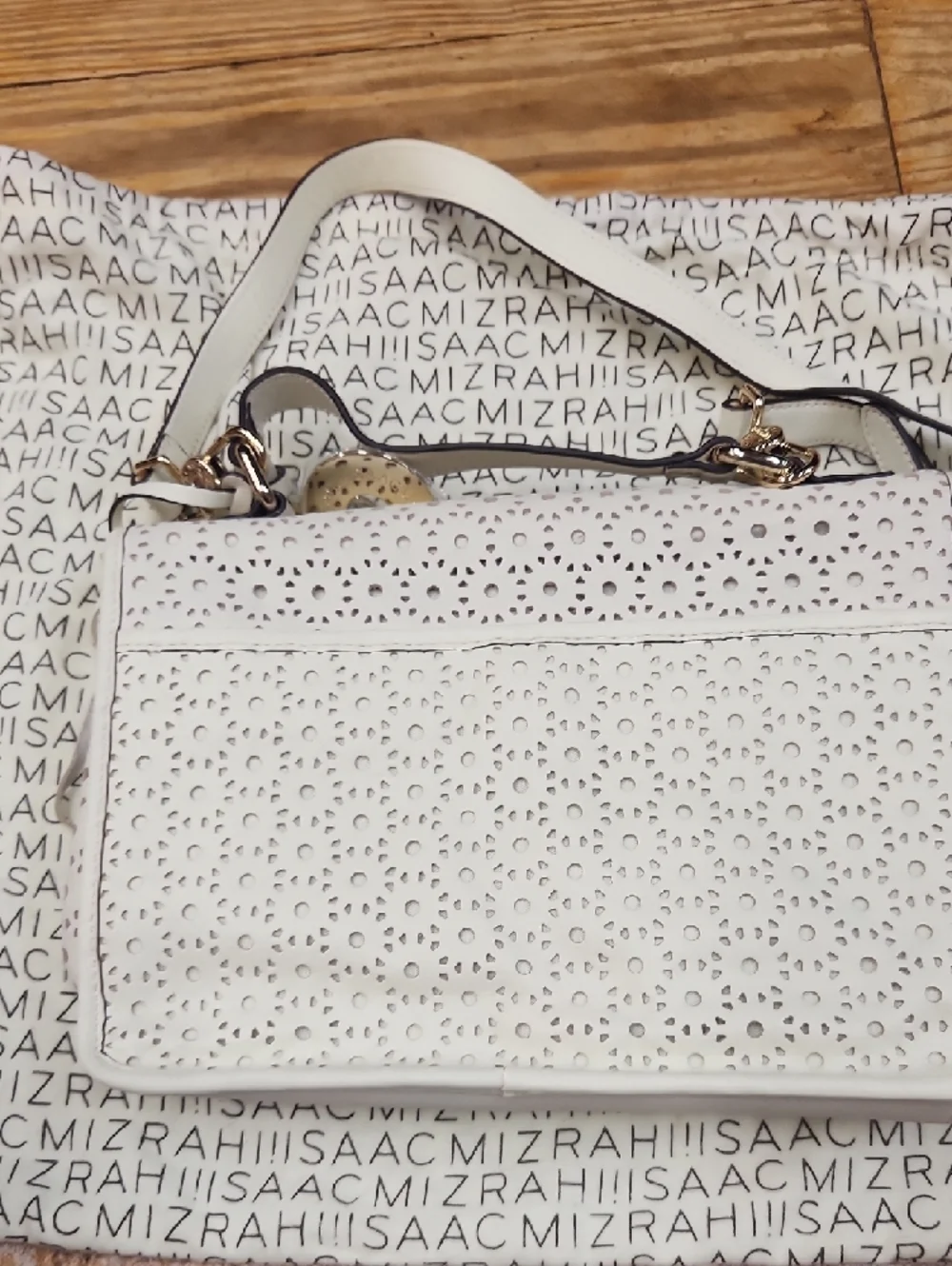 Isaac Mizrahi White Laser-Cut Leather Shoulder Bag with Tassel